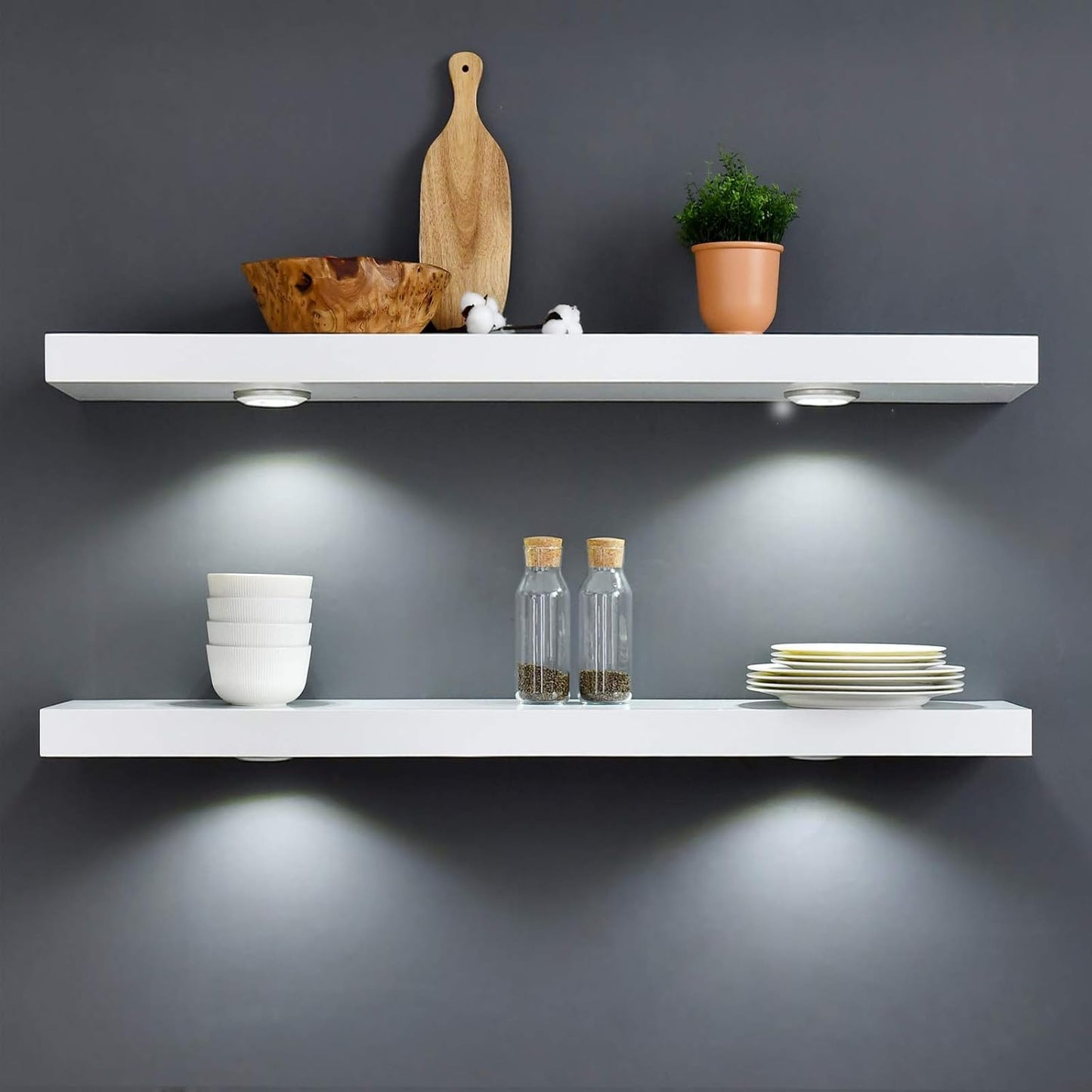 White 48-Inch Wall-Mounted Floating Shelf with Touch-Sensing Battery-Powered LED Light for Display in Entrances, Living Rooms, Bedrooms, Kitchens, and Bathrooms