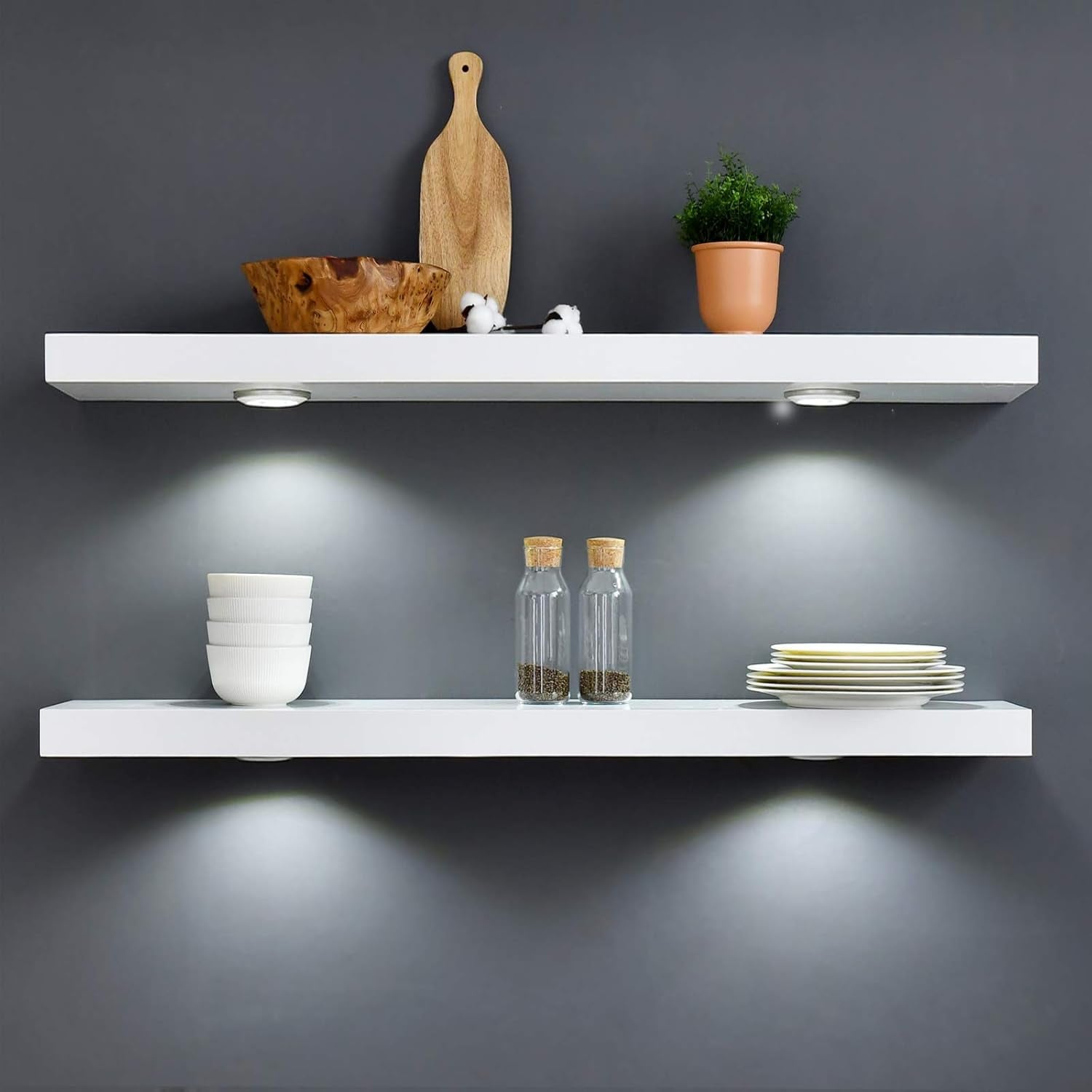 White 48-Inch Wall-Mounted Floating Shelf with Touch-Sensing Battery-Powered LED Light for Display in Entrances, Living Rooms, Bedrooms, Kitchens, and Bathrooms