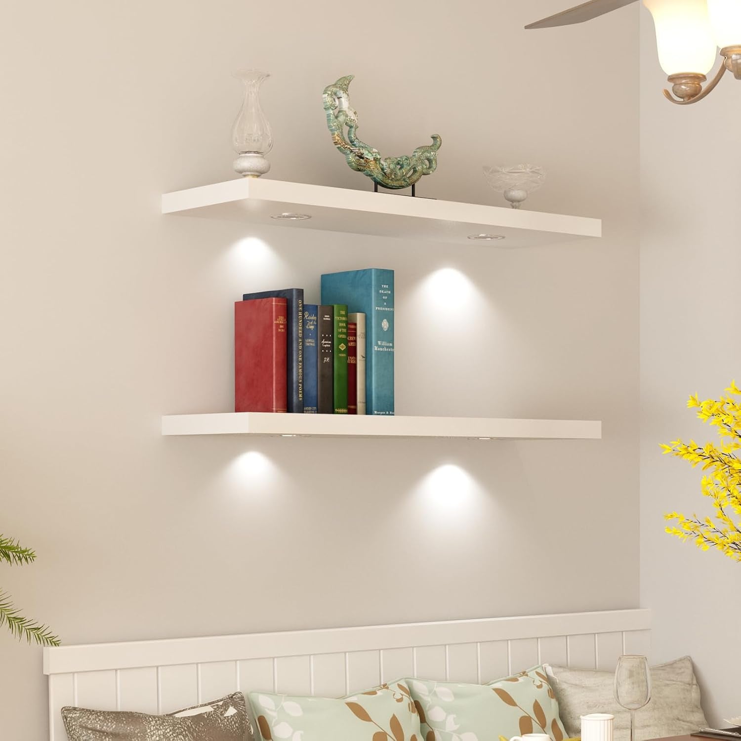 White 48-Inch Wall-Mounted Floating Shelf with Touch-Sensing Battery-Powered LED Light for Display in Entrances, Living Rooms, Bedrooms, Kitchens, and Bathrooms