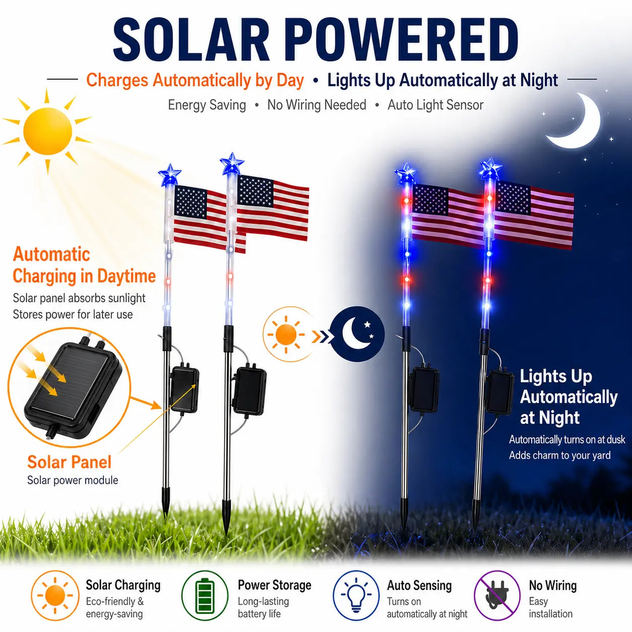 8-Piece Solar American Flag Light Set