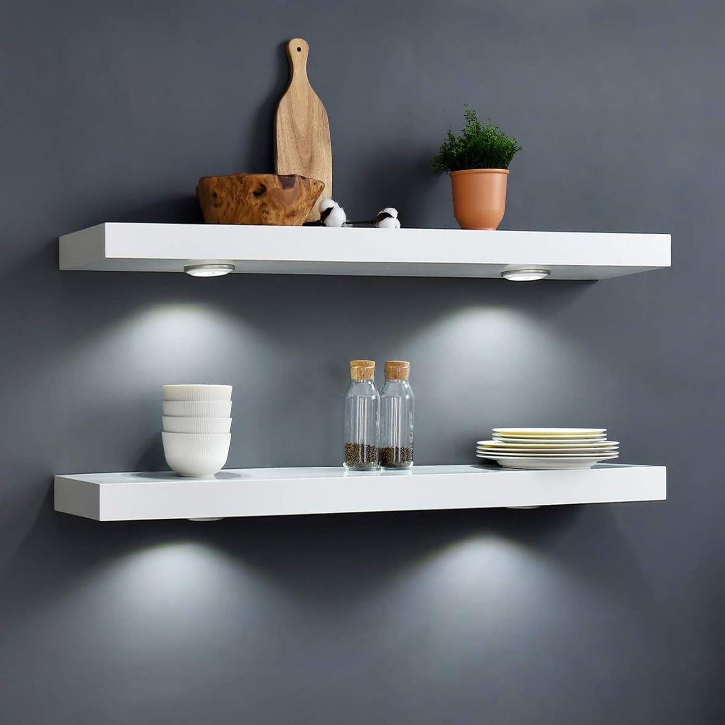 White 48-Inch Wall-Mounted Floating Shelf with Touch-Sensing Battery-Powered LED Light for Display in Entrances, Living Rooms, Bedrooms, Kitchens, and Bathrooms